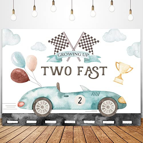 Glawry Two Fast 2nd Birthday Backdrop for Boy 7Wx5H Boho Aquarell Race Car Balloons Cup Cool Cartoon Clouds Flags Road 2nd Birthday Party Decorations Photography Background Photo Booth Studio