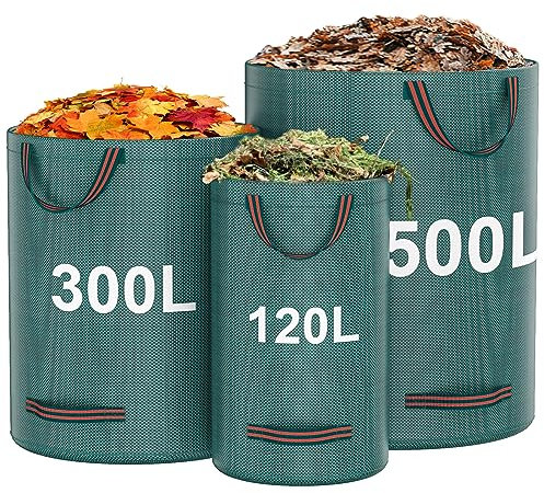 3 Sacks Garden Waste Bags Heavy Duty, Green Garden Waste Sacks Reusable, Industrial Fabric and Handles, Garden Refuse Rubbish Bag, Ideal for Collecting Plant waste grass and Leaves (500L*300L*120L)