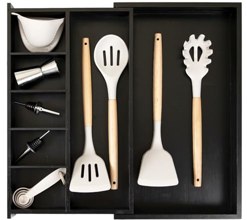 Grehge ustable Kitchen Drawer Organiser for Utensils and Junk, Expandable to 28 Inches Wide, 9 Compartments, 100% Bamboo