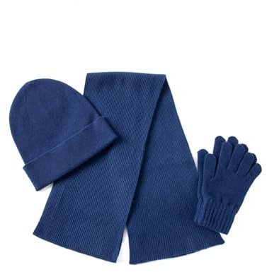 Unisex 3-teiliges Set aus Kaschmirwolle, Schal, Mütze, Handschuhe, weiche gerippte Manschetten, Beaniehandschuhe, Schals Set für Damen und Herren mit Geschenk-Box, Blau, Einheitsgröße