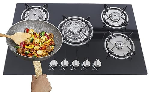 Piano cottura a gas a 5 fuochi, nero, 77 x 51 cm, fornello a gas in acciaio inox per propano e gas naturale, da incasso in vetro per casa e camper (accensione a batteria)