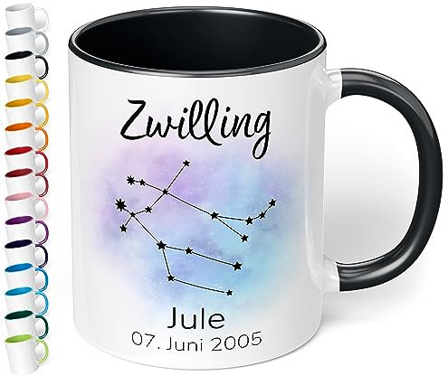 Sternzeichen Tasse mit Namen, Datum und 12 Sternenbilder personalisiert – 330ml Keramik Kaffeebecher, kleine Geschenke für Kollegen Frauen Männer Büro Geburtstag Weihnachten (Schwarz)