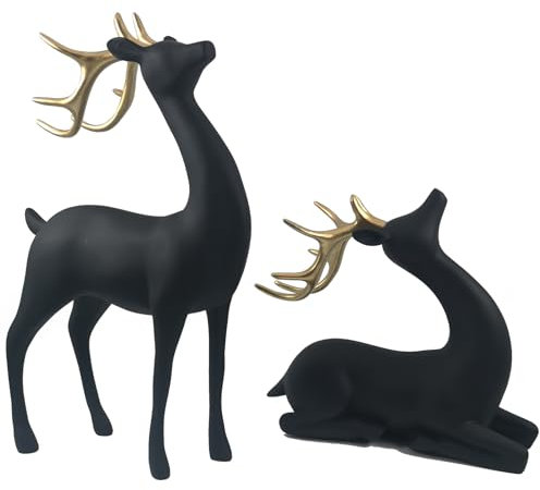 HOWFIELD Festliche Weihnachtselch-Figur aus Kunstharz, 2 Stück, handgefertigt, Weihnachts-Rentier-Dekoration, Weihnachts-Rentier-Statue (schwarz)