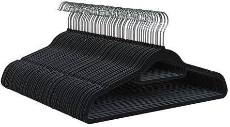 PORTENTUM Grucce in Velluto, Confezione da 50, Nero - Antiscivolo con Gancio Girevole 360º, Scanalature e Supporto Accessori, Salvaspazio 0,6 cm Spessore, Made in Spain