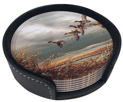Getränkeuntersetzer mit Jagd-Motiv und fliegenden Wilden Enten, 6 Stück, rutschfeste Tassenmatte, runde Tassen, Untersetzer, Leder-Untersetzer für Couchtisch, Heimdekoration