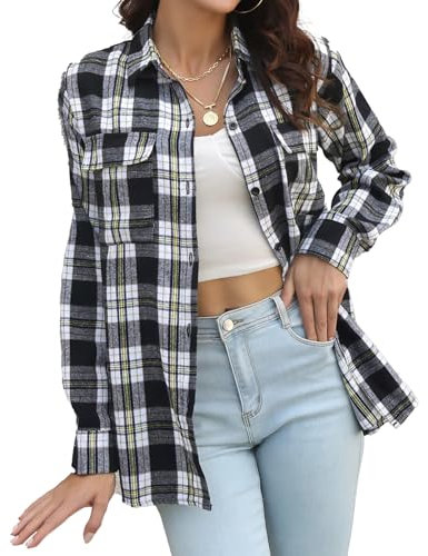 DayaEmmoTQ Chemise à Carreaux Femme Chemise à Carreaux Manches Longues Casual Boyfriend Chemise Hauts Button Down Chemise Plaid Top