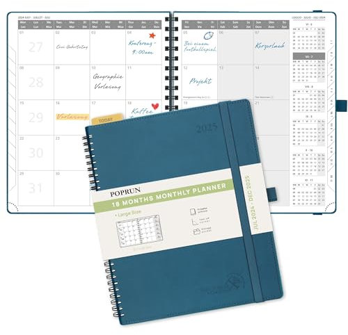 POPRUN Kalender 2025 Monatsplaner A4 (Jul.2024 - Dez.2025) - 18 Monate Monatskalender Ringbuch 26,5 x 21,5 cm - 1 Monat 4 Seiten, Softcover mit PU-Leder, 100 GSM Papier - Marineblau