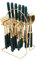24 Pieces Flatware Set with Holder Cutlery Set with Knives Forks Spoons Coffee Spoons Cutlery Set Service for The Daily Needs of The Family, Golden (Dark Green Handle with Gold Edge)