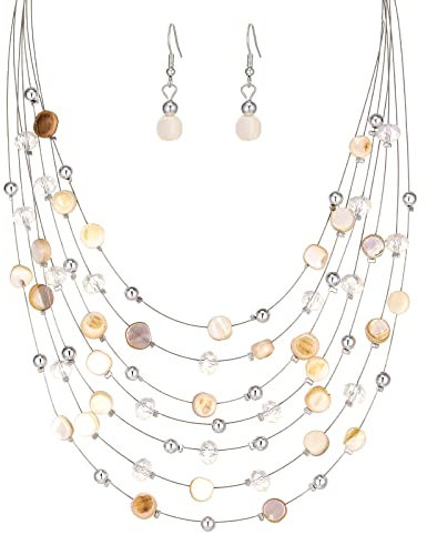 FULU AUTUMN Boho Mehrschichtige Perlenkette Damen Perlen Statement Kette und Ohrringe Set Modeschmuck für Mütter Frau Oma Mode Geschenke(Natural)