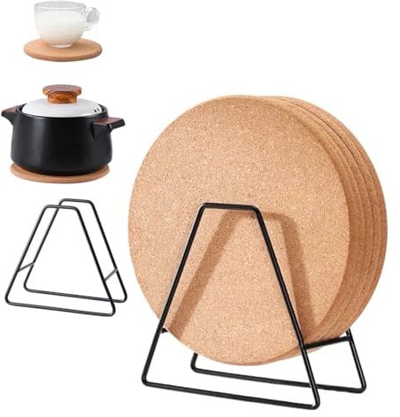 Gocoffun Cork Trivet, 5 Pack 7.5inches Round Coasters with Holders, Extra Thick Cork Trivets Reusable for Hot Pot and Hot Dishes