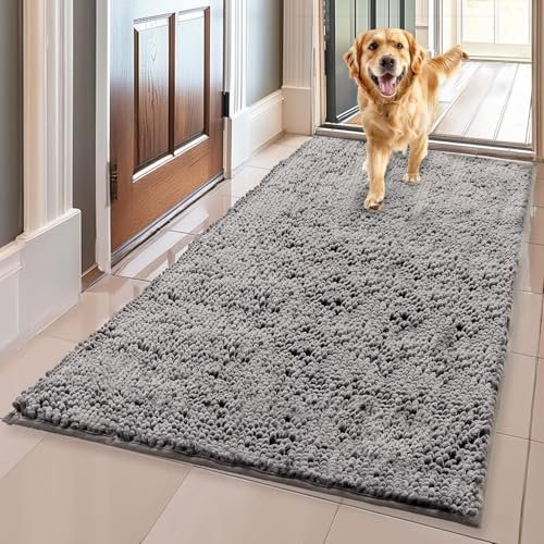 YOOTUKL Saugfähige Chenille Fußmatte für den, rutschfeste Badematte, schlammiger Hund, waschbare Matte, schnell trocknende 90x150cm Hellgrau