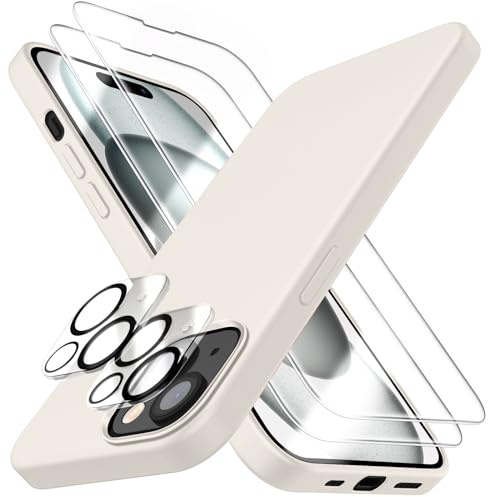 Dssairo [5 in 1 für iPhone 15 Hülle, mit 2 Displayschutzfolien + 2 Stück Kameraobjektivschutz, Flüssigsilikon, schlanke, stoßfeste Schutzhülle [Mikrofaserfutter](Stein)