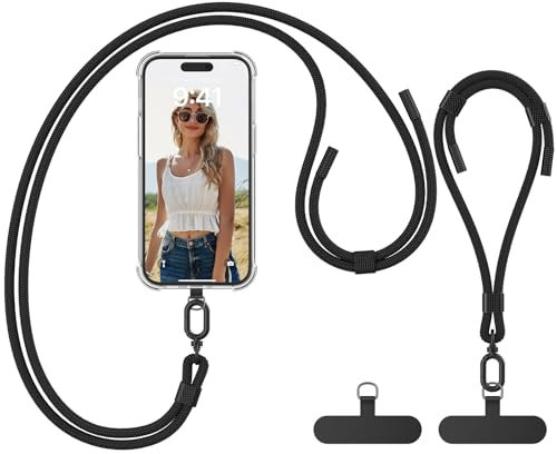 caslord Phone Strap with Hand Wrist Strap, Universal Phone Lanyard Crossbody with 2 Reusable Patches, Adjustable Phone Neck Strap Compatible with All Smartphones - Black