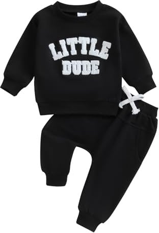MAHUAOYIXI Toddler Infant Baby Boy Clothes Long Sleeve Sweatshirt Pullover Tops Jumper Letter Embroidered + Elastic Pants With Pockets 2 Piece Fall Winter Outfit Set Tracksuit (Black, 18-24 Months)