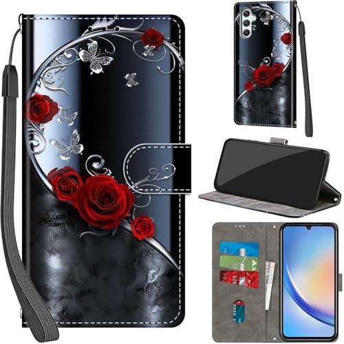 Handyhülle für Samsung Galaxy A34 5G Hülle PU Leder Schutzhülle Klappbar mit Kartenfach Ständer Handytasche mit Kameraschutz Flip Case Klapphülle für Samsung A34 5G, silberner Schmetterling