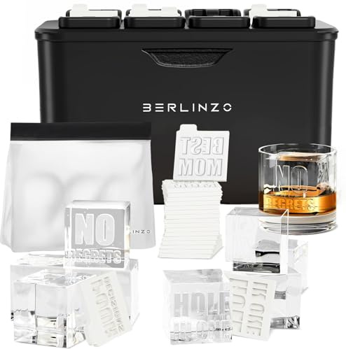 Berlinzo Premium Clear Ice Cube Maker with Conversation Ice Prints – 8 Large 2.1 Crystal Clear Ice Squares – Giftable Idea for Party, Game Night & Just for Fun – Includes Storage Bag (Non-Electric)