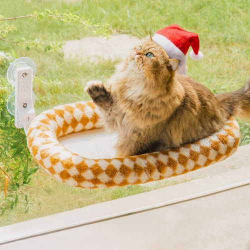 MEWOOFUN Grand Hamac Chat Fenêtre avec Housse Épaisse Amovible - 60x36cm Pliable, Robuste Lit pour Chat avec 4 Ventouses Puissantes jusqu'à 18kg, Marron