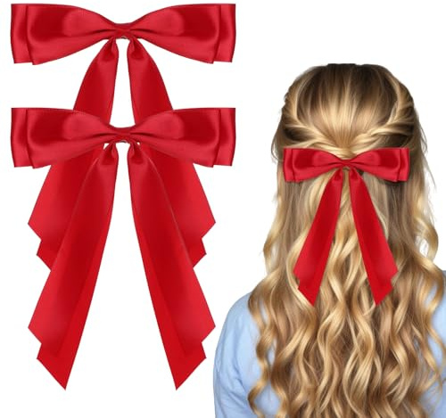 Cobee 2 Pcs Red Hair Bow, Satin Bows Red Hair Ties, Large Double Satin Ribbon Hair Clips Red Accessories for Holiday Party Women Girls Ponytail Holder