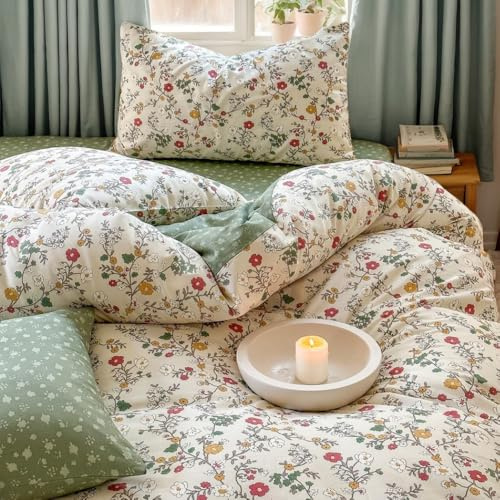 Nayoroom Baumwoll Bettwäsche 135x200 Baumwolle Grün Beige Blumen Bettbezug | Blätter,ÖKO-TEX,Aesthetic,Bunt,Pflanzen,Botanisch,Vintage Floral,Mädchen,Wendebettwäsche,Kissenbezug 40x80 cm,Reißverschluss