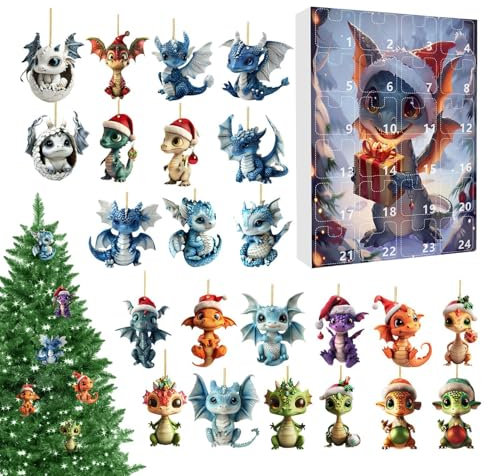 Drachen Adventskalender 2024 24 Tage Weihnachts Countdown Kalender Lustiger 2D Acryl Weihnachtsbaumschmuck Countdown Kalender Mit 2D Drachen Anhänger Adventskalender-Anhänger