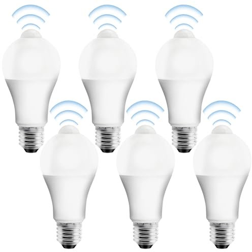 6 Stück E27 LED Glühbirne mit Bewegungsmelder, Birne mit PIR Bewegungsmelder, E27 Lampe 12W Kaltes Weiß 3000K Lichtsensor Energiesparlampe für Flur Garage Treppe Balkon