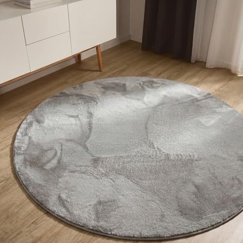 benuta Basic Kunstfaser Fellteppich Furry - Hellgrau rund 160 cm - Weicher Wohnzimmerteppich - Anti-Rutsch-Rückseite - Waschbar - Für Fußbodenheizung geeignet