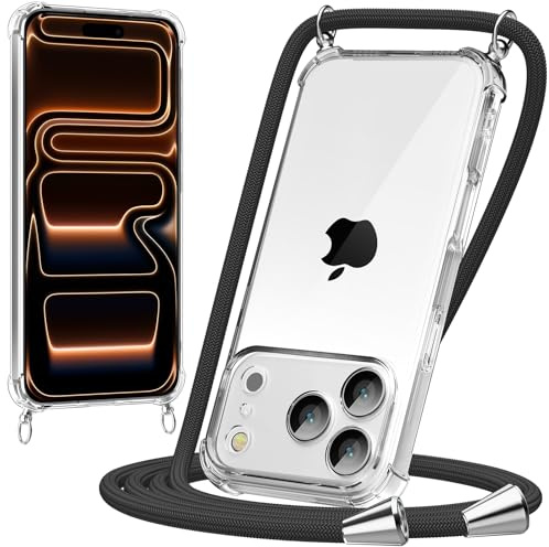 caslord Handyband kompatibel mit iPhone 17 Pro Max | Transparent Hülle mit Handykordel | Handyhülle für zum Umhängen | für Sport Reisen Partys Einkäufe Babypflege | Schwarz