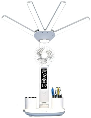 TFixol Desk Lamp for Office Home, Desk Lamps with Fan, Bright Four-Headed Table lamp, Adjustable Foldable Table Lamp with Clock Date Fan Pen Down,Temperature, Dimming Desk Lights White