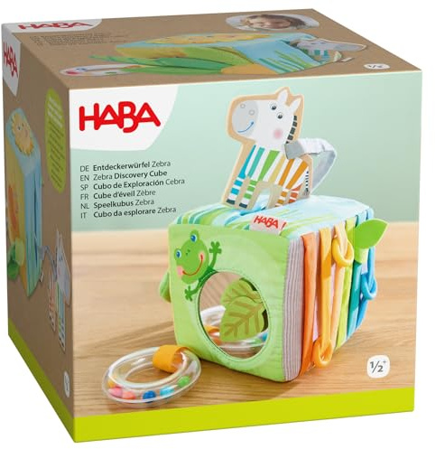 HABA Entdeckerwürfel Zebra – Baby-Sensorik-Würfel mit abnehmbarem Holz-Zebra & Spieleffekten – Babyspielzeug ab 6 Monaten – 2012346001