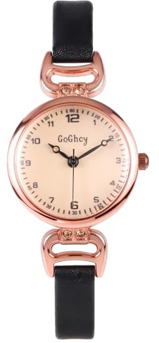 JSDDE Montre pour Femmes avec Bracelet Étroite en Cuir, Vintage Montre Analogique Quartz Cadran Boîtier Or Rose 12 Heures et Minutes, Montres Rétro Facile à Lire Bracelet Fin pour Filles Femmes (Noir)