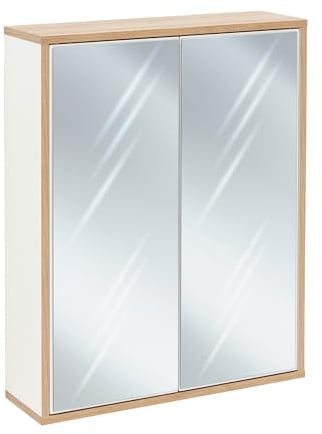 BadeDu Minho Spiegelschrank – 60 cm in Weiß/AST-Eiche, moderner Spiegelschrank im skandinavischen Design, mit innovativem Push-to-Open System, Made in Germany