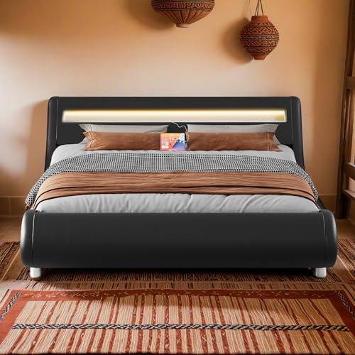 YITAHOME King Size Bed Frame,Upholstered Led with Lights & Storage Charging Station,Platform Bed Frame with Pu Leather/No Box Spring Needed, Black
