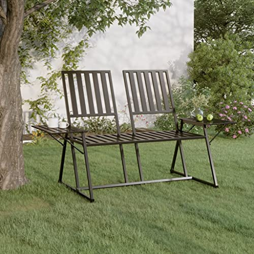 Bucmath 2-Sitzer-Gartenbank 165 cm Schwarz, Stahl Metall Outdoor Sitzbank mit Ablagen, Witterungsbeständig für Terrasse, Balkon, Garten