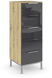 Rauch Möbel Flipp, Kommode, Farbe Glas Basalt/Eiche Artisan, Breite 40 cm | Sideboard, 5 Schubladen, Glasfront, Soft-Close, Griffe, Metallkufe Chrom, für Schlafzimmer, Gästezimmer, Wohnzimmer