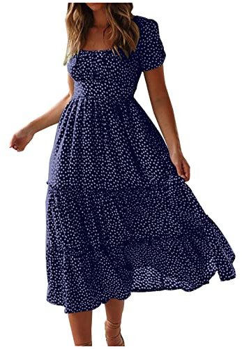 Womens Summer Dresses Floral Polka Dot Chiffon Flowy Dress for Party Beach
