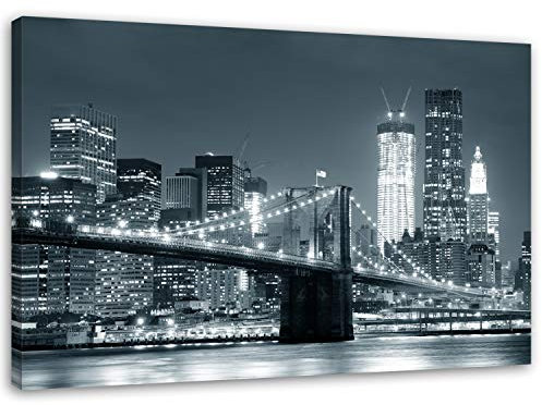 Feeby, Leinwandbild, Bilder, Wand Bild, Wandbilder, Kunstdruck 70x100cm, BRÜCKE, Stadt, Nacht, New York, Brooklyn Bridge, SCHWARZ UND WEIß