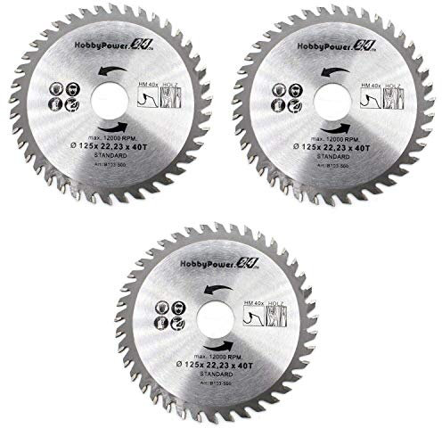 Lot de 3 lames de scie circulaire HM - Diamètre : 125 mm x 22,23 mm - 20 mm - Dents en T - Pour bois, plastique