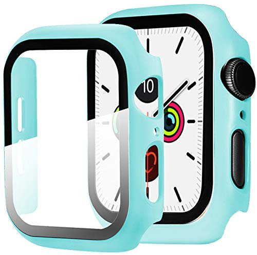 Miimall Funda Compatible con Apple Watch Series 6/se/5/4 44mm Carcasa Protector Cristal,PC Case Vidrio Templado Alta Sensibilidad Protector Pantalla para iWatch Series 6/se/5/4 44mm -Color Aguamarina
