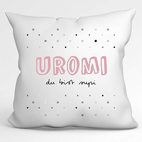 Kissen „Uromi du bist supi I 40x40 satinierte Hülle MIT Füllung I Geschenk für Uroma I Besondere Geschenkidee als Dankeschön, zum Geburtstag, Muttertag, Ostern, Weihnachten (Uroma du bist supi)