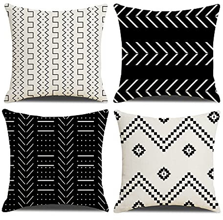 Cushion Covers 40 x 40 cm Farmhouse Cushioncase cover, Set of 4 Black Textured Patchwork Square PillowCase for Sofa Chair Bedroom Modern Decor Home Office Couch Car Garden