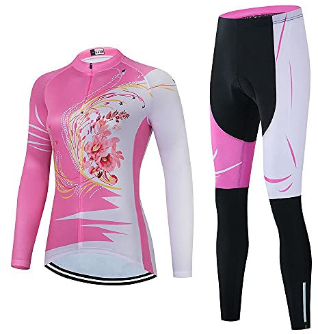 Damen Radbekleidung Set Langarm Rennrad Shirt Radtrikot Fahrradhose mit Gel gepolstert, Ai28, L