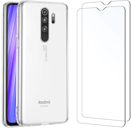 NEW'C Funda para Xiaomi Redmi Note 8 Pro Carcasa Silicona Transparente Alta y 2X Protector de Pantalla para Xiaomi Redmi Note 8 Pro Cristal Templado - Anti arañazos