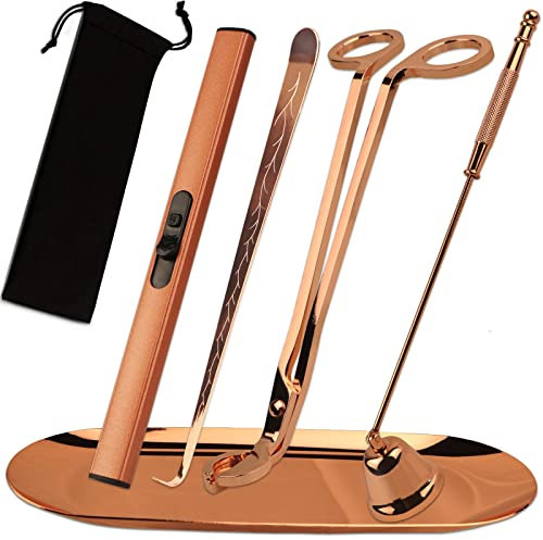 5 in 1 Candle Accessory Set, Candle Wick Trimmer Cutter, Candle Snuffer & Candle Wick Dipper,USB Rechargeable Lighter, Storage Tray Plate for Candle Lover Mom Gift, Candle Care Kit (Rose Golden)