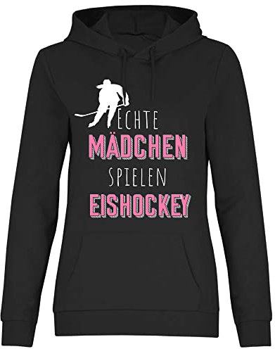 wowshirt Damen Hoodie Echte Mädchen Spielen Eishockey Eishockeyspielerin Sportlerin, Größe:XL, Farbe:Black