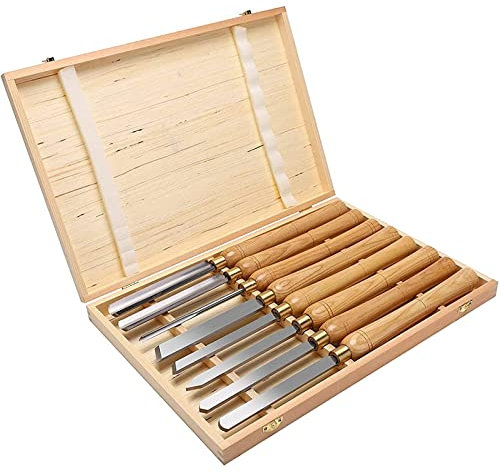 HSS-Qualitätsstahl 8-Teilig Mit Den Gängigsten Sorten Schüsseldrehröhre, Drehmeißel, Formröhre, Flachstahl, Abstecher Und Ringdreheisen Zum Drechseln Drechselbeitel Mit Holzgriff in Holzbox