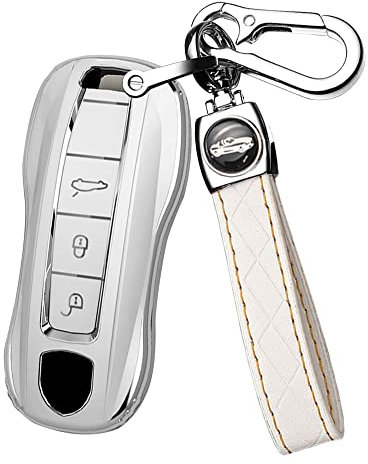 ontto Coque de clé de Voiture Compatible avec Porsche Taycan 911 992 GT3 Panamera Turbo S Targa 4S Macan Cayenne Carrera TPU Coque de clé Porte-clé Porte-clé Blanc