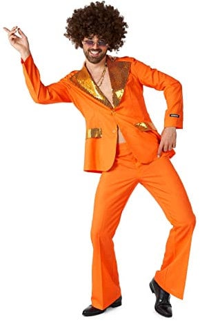 Suitmeister Herren Disco Kostüm - Perfekt für Disco Partys - 70er Jahre Retro Outfit - Inklusive Blazer, Hose und Krawatte - Orange - Größe XL