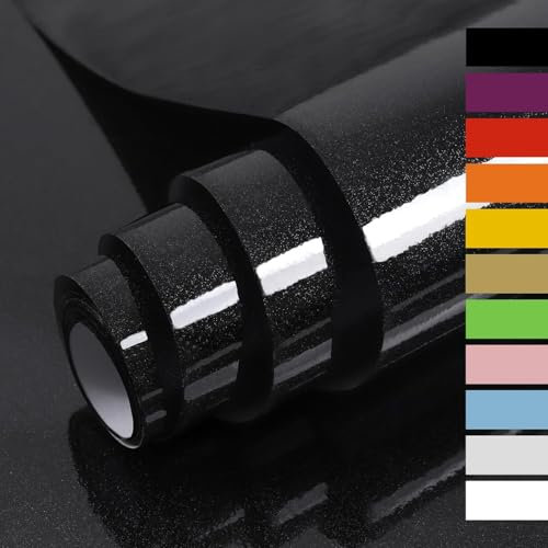 Hode Papier Adhesif pour Meuble Noir Brillant 40X600cm, Papier Peint Adhesif, Imperméable Vinyle Autocollants Meubles Cuisine Murs Tables Salles de bain Armoires Comptoirs