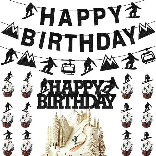 kreat4joy Skiing Birthday Decorations, Winter Sports Decorations Snowboard Skiing Happy Birthday Cupcake Cake Toppers Banner for Ski Enthusiast Gymnastics Skateboard Boys Girls Adult Birthday Party