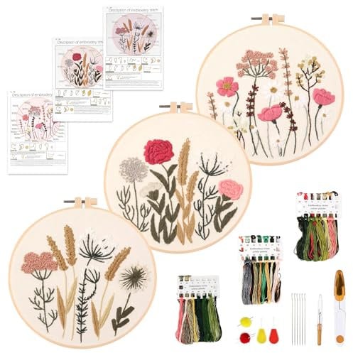 Kit di 3 Ricamo Starter, Set da Ricamo per Principianti, Adulti e Bambini, con 3 motivi e istruzioni, Set da Ricamo per Principianti, include 3 Telaio Ricamo in plastica, fili colorati